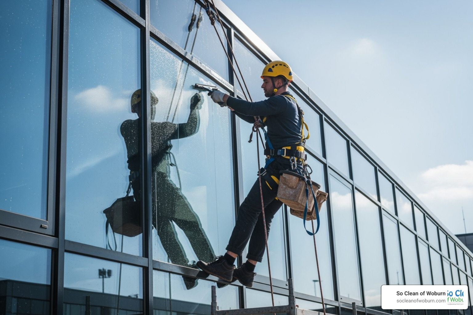a window cleaner wearing a safety harness and helmet on a low-rise building - commercial window cleaning