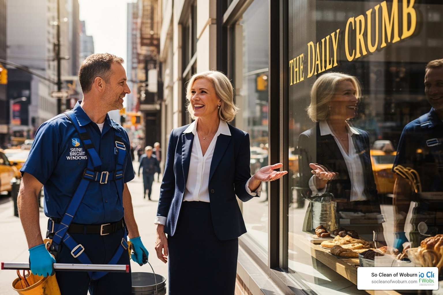 a window cleaner talking with a satisfied business owner in front of a clean storefront - commercial window cleaning