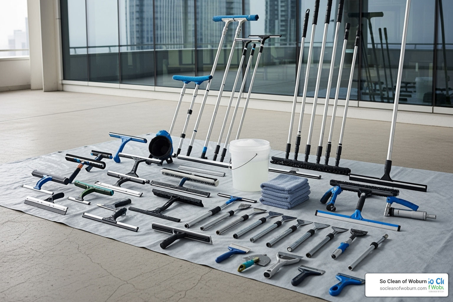 various window cleaning tools like squeegees, water-fed poles, and scrapers - commercial window cleaning