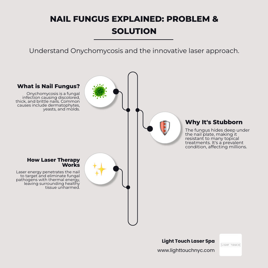 Comprehensive infographic showing nail fungus causes, symptoms, and how laser therapy works by penetrating the nail plate to target fungal pathogens with thermal energy while leaving surrounding tissue unharmed - does laser work on nail fungus infographic infographic-line-3-steps-neat_beige