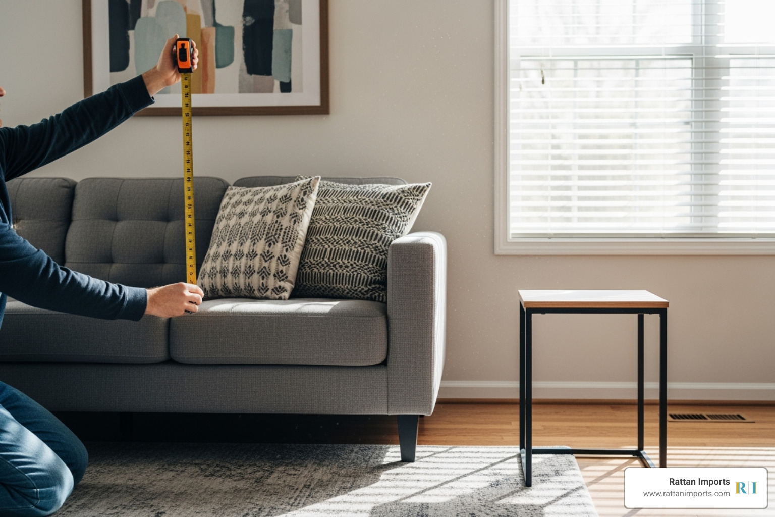 person measuring space for side table - buy rattan side table