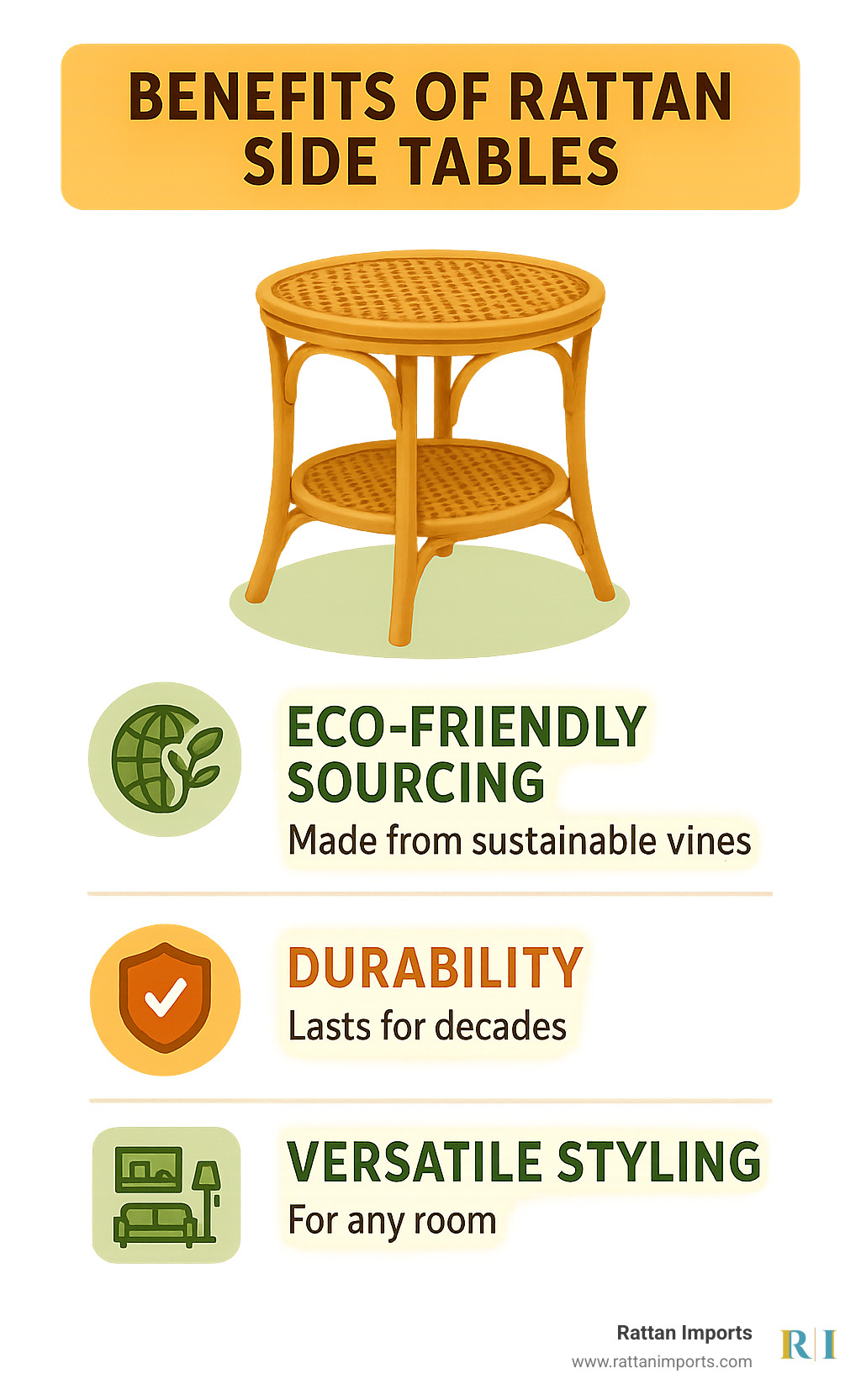 Benefits of rattan side tables infographic showing eco-friendly sourcing from sustainable vines, durability lasting for decades, and versatile styling options for any room - buy rattan side table infographic 