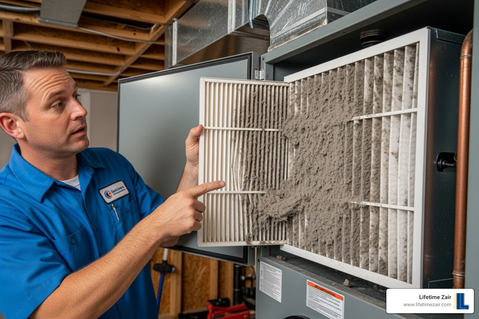 an HVAC technician pointing to a clogged filter inside an open air handler - heat pump filter replacement
