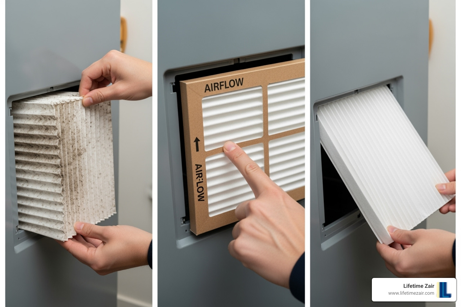 collage showing the steps: sliding out the old filter, noting the arrow, and sliding in the new filter - heat pump filter replacement