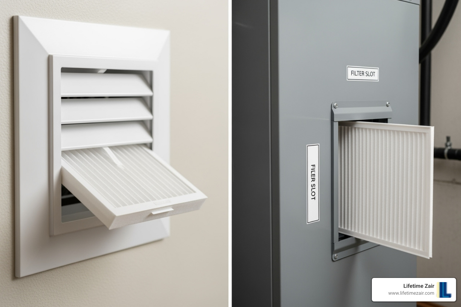 common locations for a heat pump filter, such as a return air vent and a slot on the air handler - heat pump filter replacement