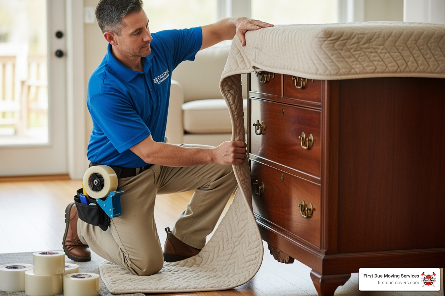 A professional mover in uniform carefully wrapping a piece of furniture, emphasizing care and professionalism. - bellevue moving company quotes