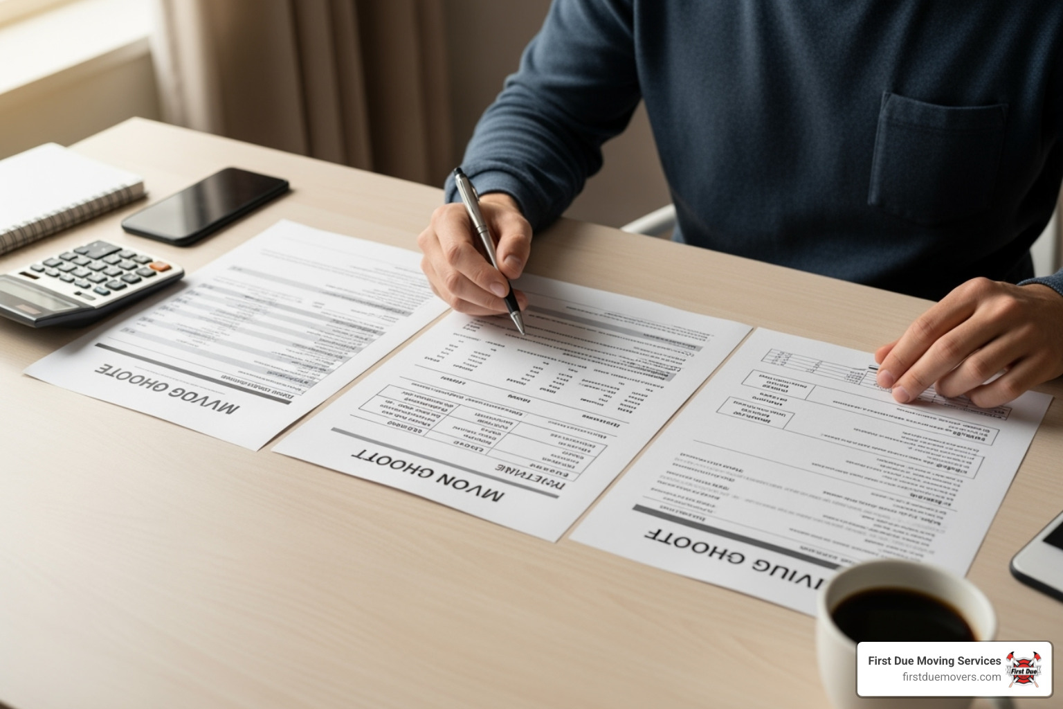 A person comparing three moving quote documents side-by-side, highlighting the importance of thorough review. - bellevue moving company quotes