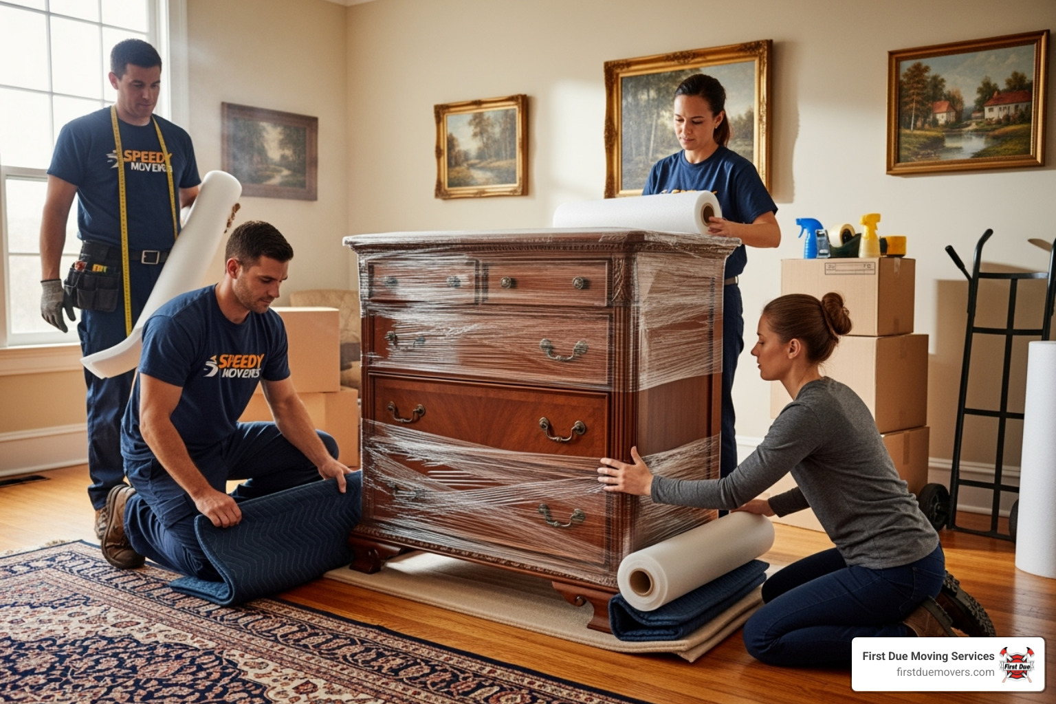 Professional movers expertly wrapping a large piece of furniture with protective padding and shrink wrap. - trusted moving company