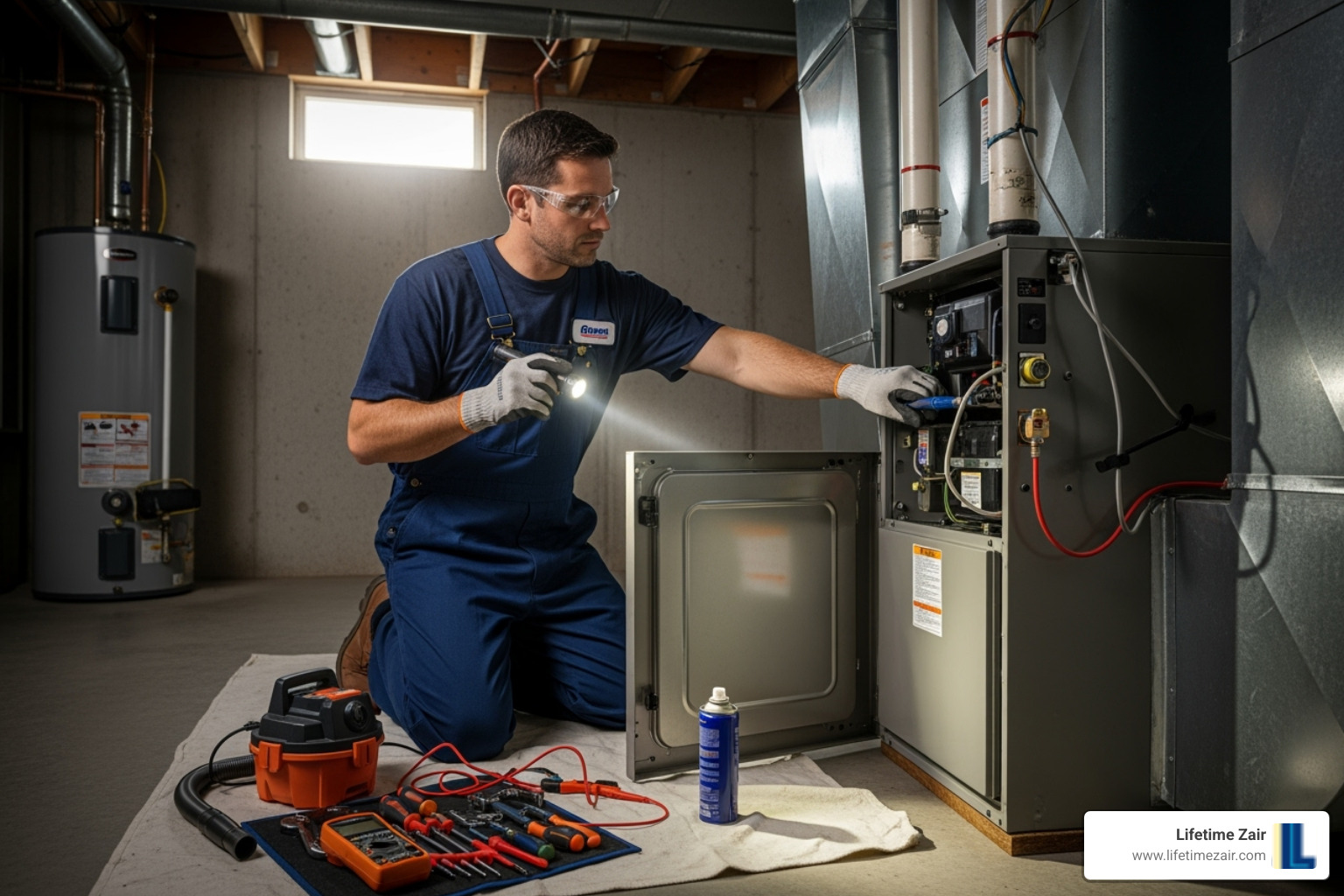 A professional HVAC technician performing a thorough tune-up on a residential furnace - furnace installation Plano A professional HVAC technician performing a thorough tune-up on a residential furnace - furnace installation Plano
