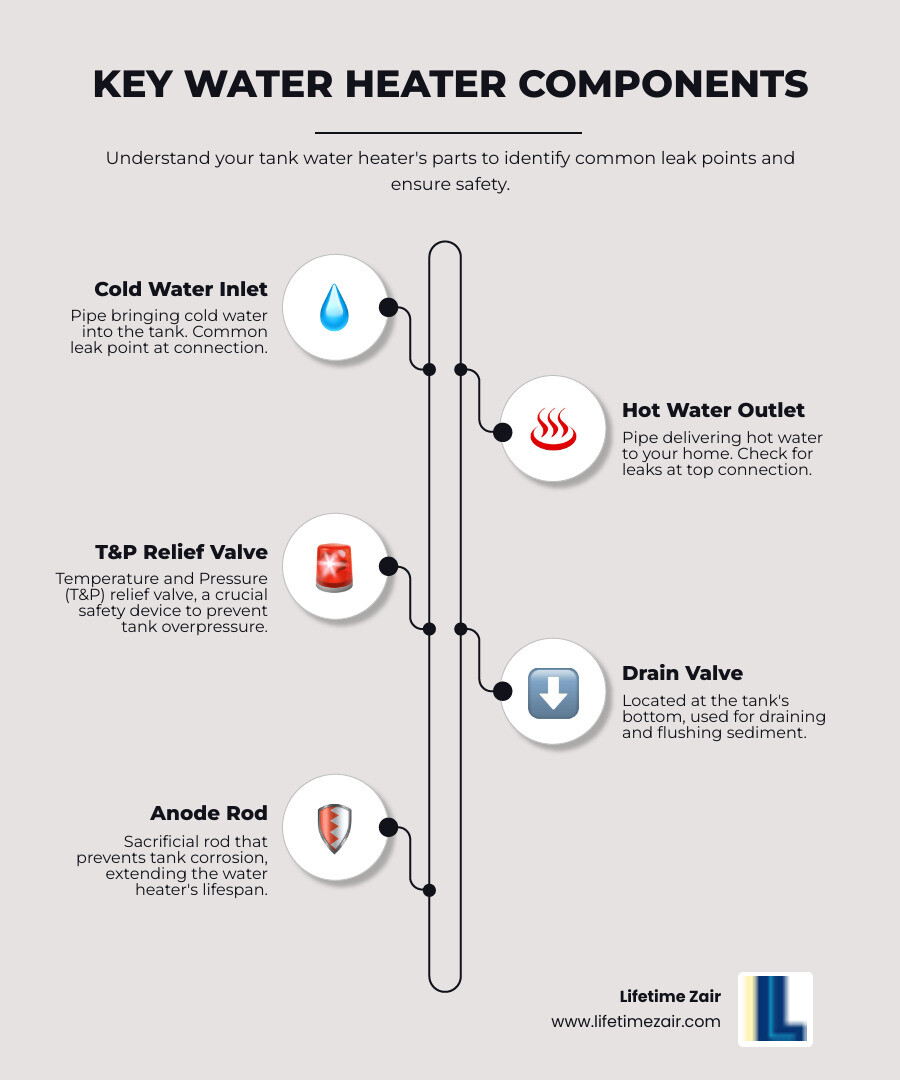Infographic showing water heater components including cold water inlet, hot water outlet, temperature and pressure relief valve, drain valve, heating elements, and anode rod with common leak points highlighted - hot water heater leaking infographic infographic-line-5-steps-neat_beige