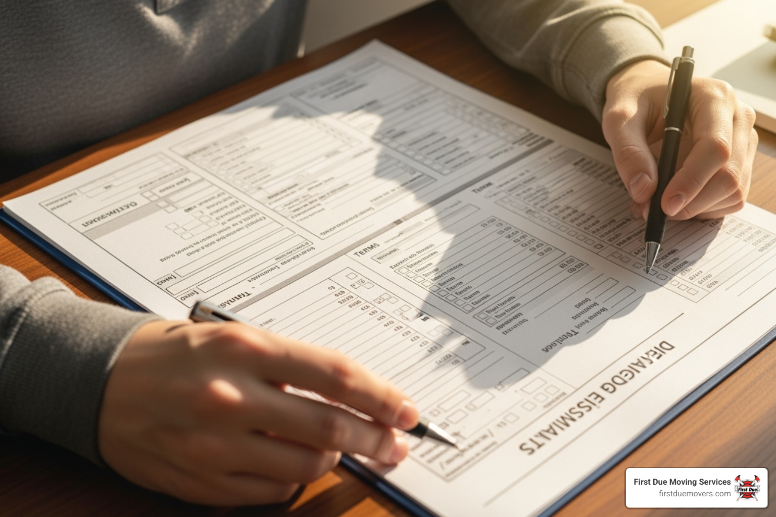 A detailed moving estimate document with sections for itemized costs and terms, being reviewed by a person with a pen. - trusted moving company
