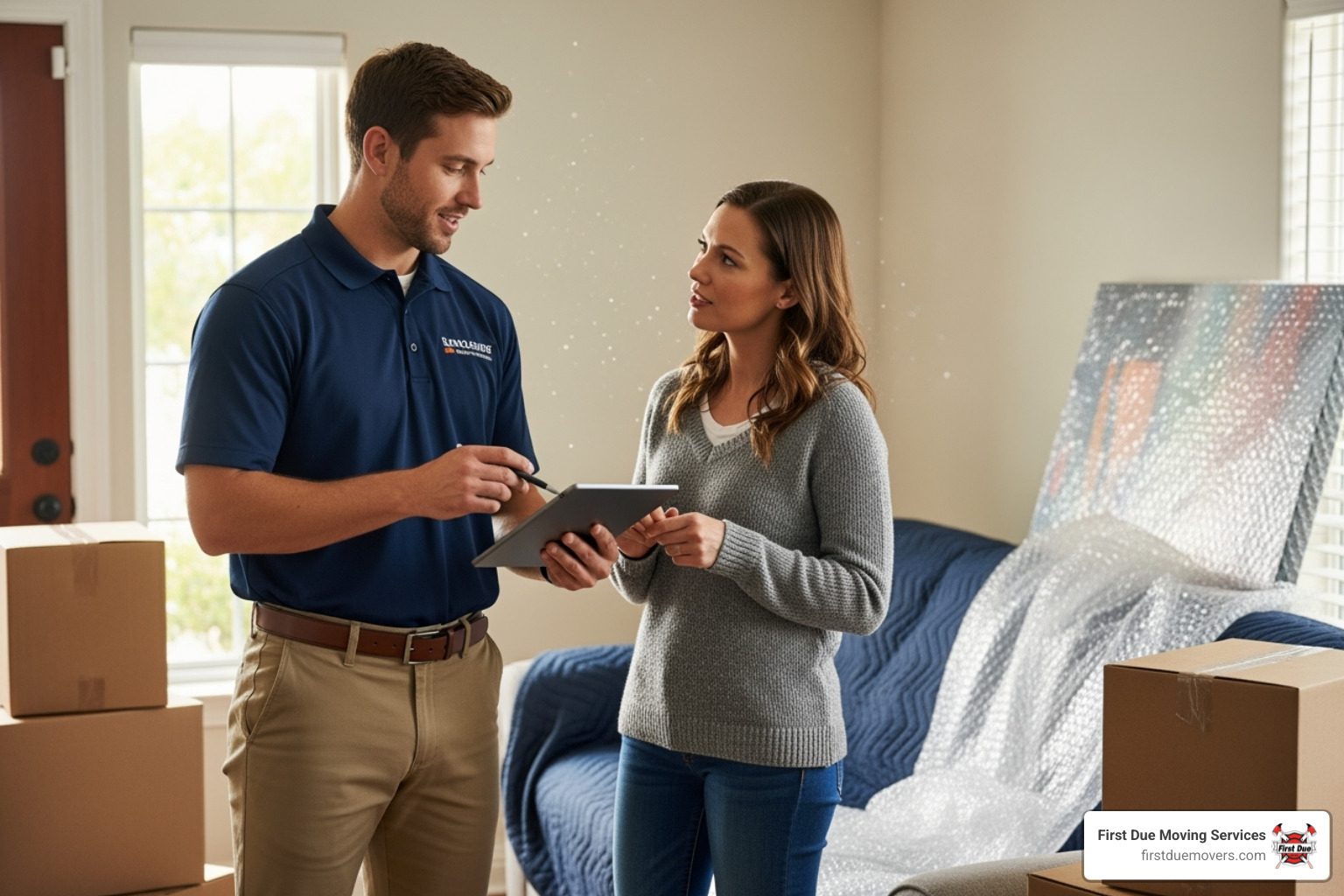 friendly, professional mover in uniform discussing a plan with a homeowner - partial packing services