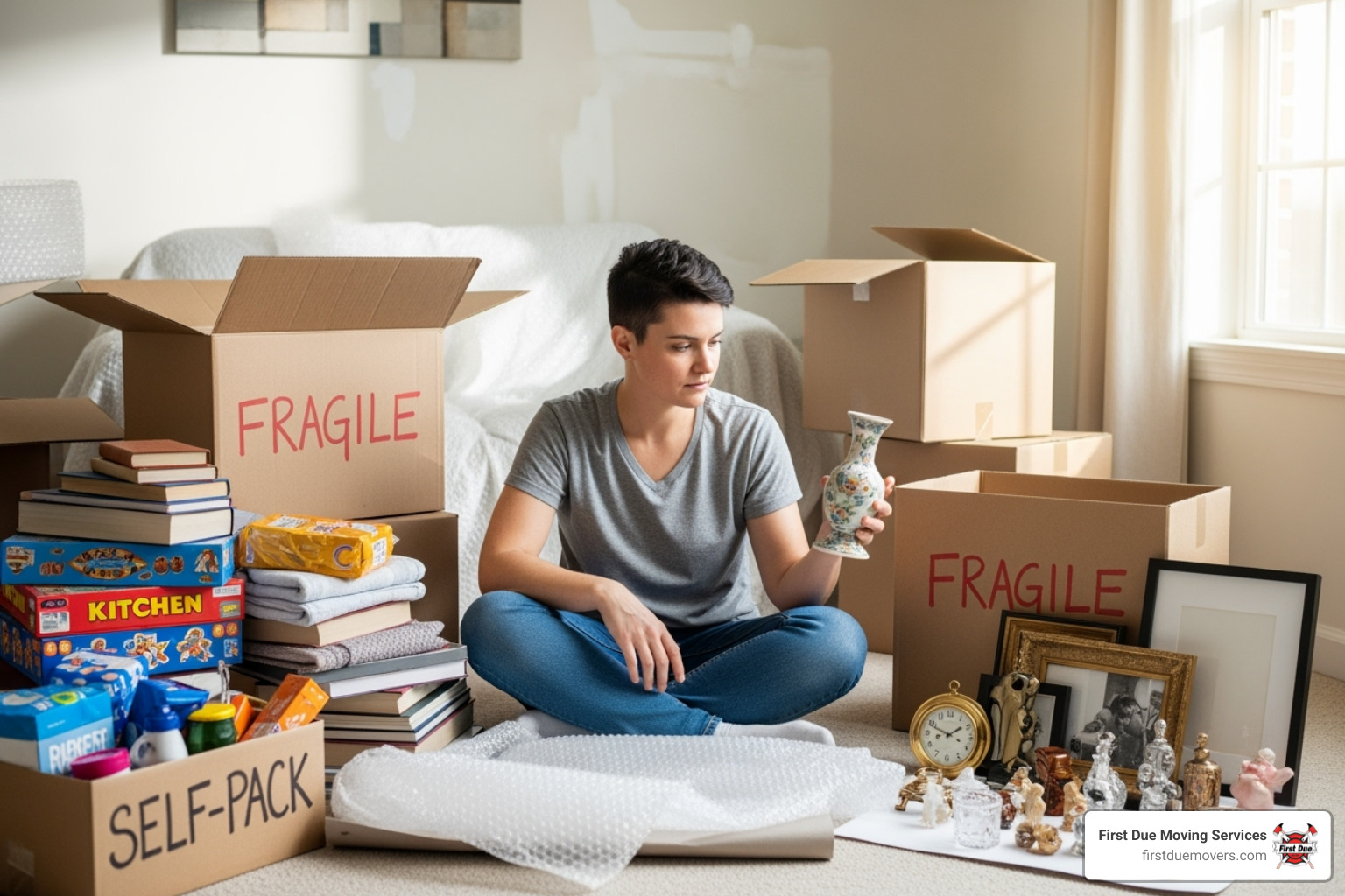 person organizing items into "pack myself" and "pro-pack" piles - partial packing services