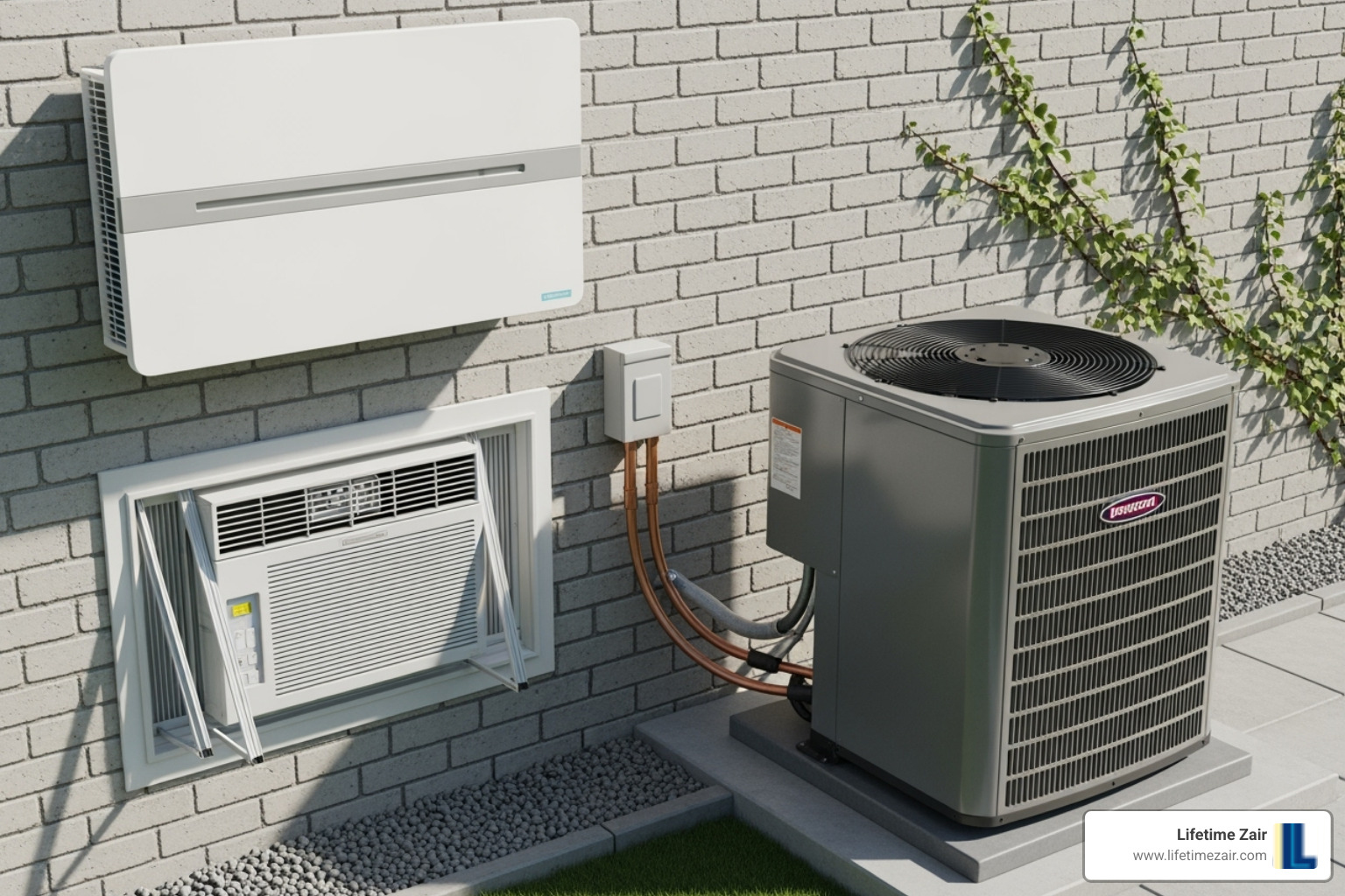 Image of the three main types of AC units (central, mini-split, window) - AC install near me Image of the three main types of AC units (central, mini-split, window) - AC install near me