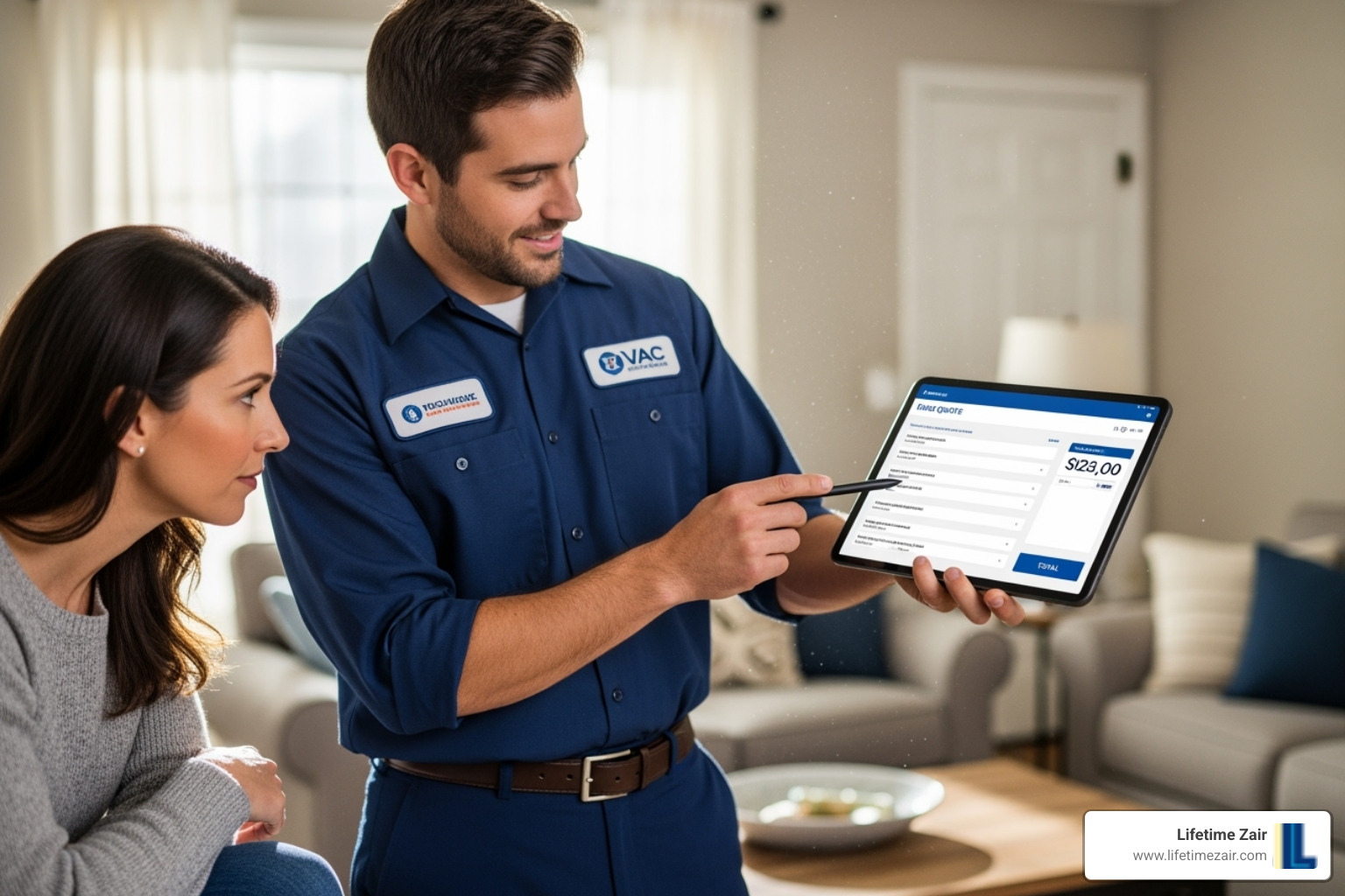 A technician providing a homeowner with a quote on a tablet - how much is it to install central air