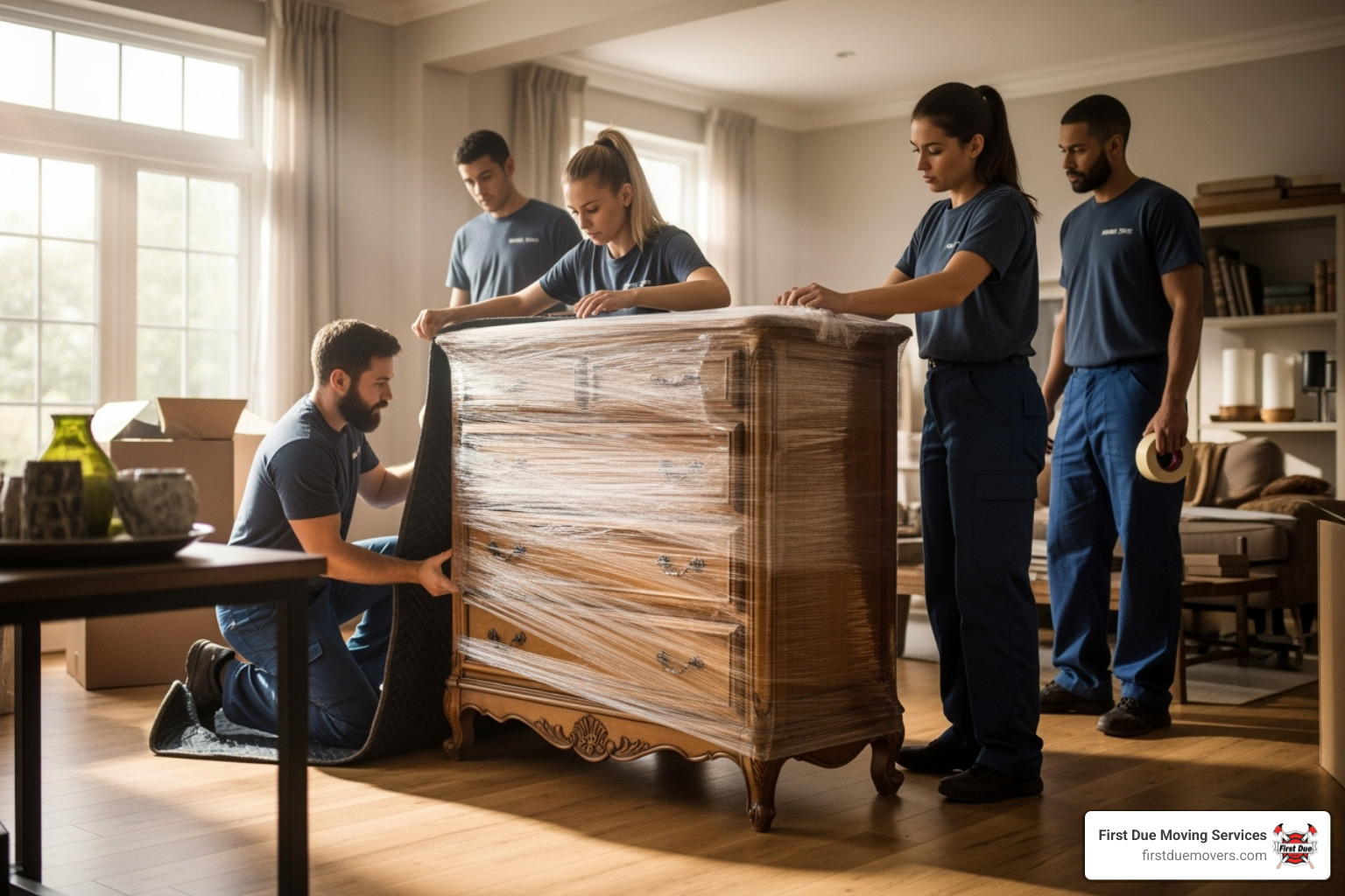 professional movers carefully wrapping a large piece of furniture - bellevue movers