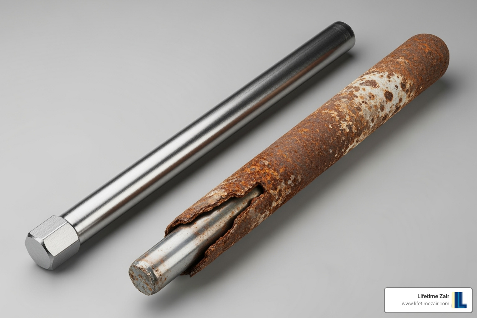 of a new anode rod next to a corroded one - hot water heater leaking