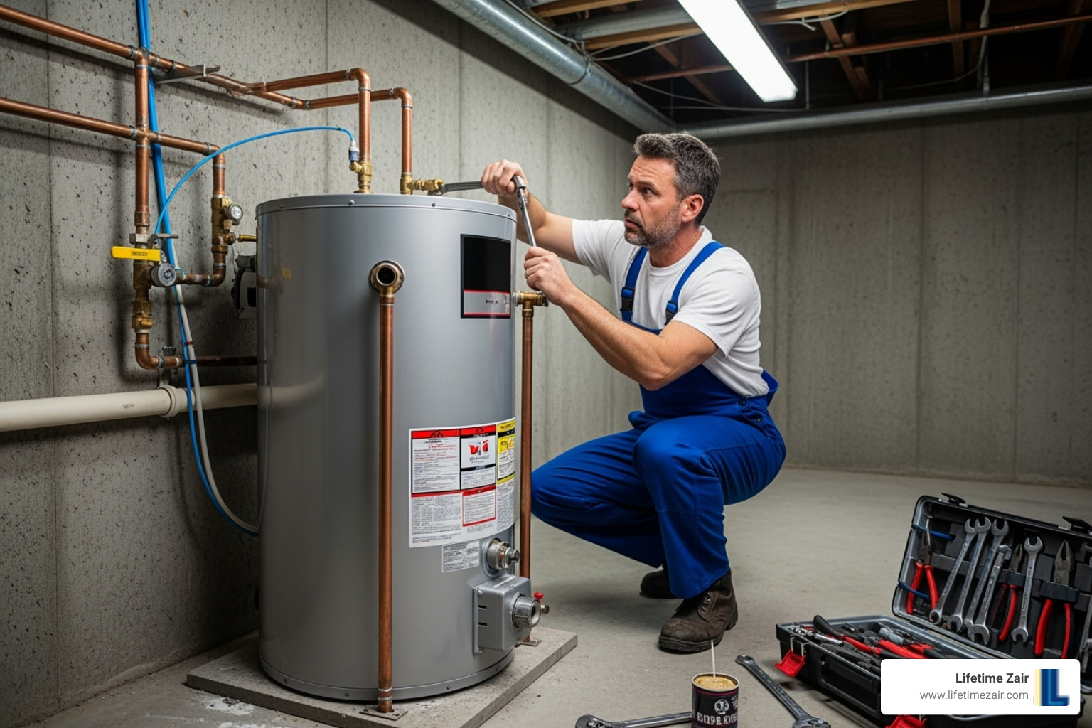 of a shiny new water heater being installed - hot water heater leaking
