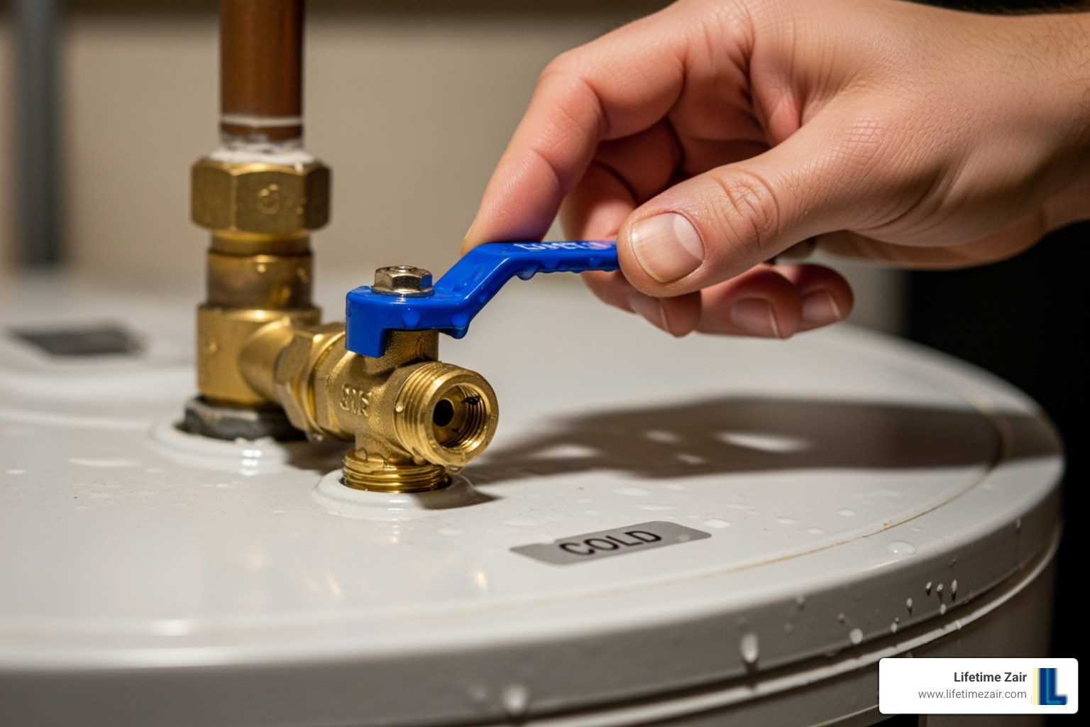 of a hand turning off a water heater's cold water supply valve - hot water heater leaking