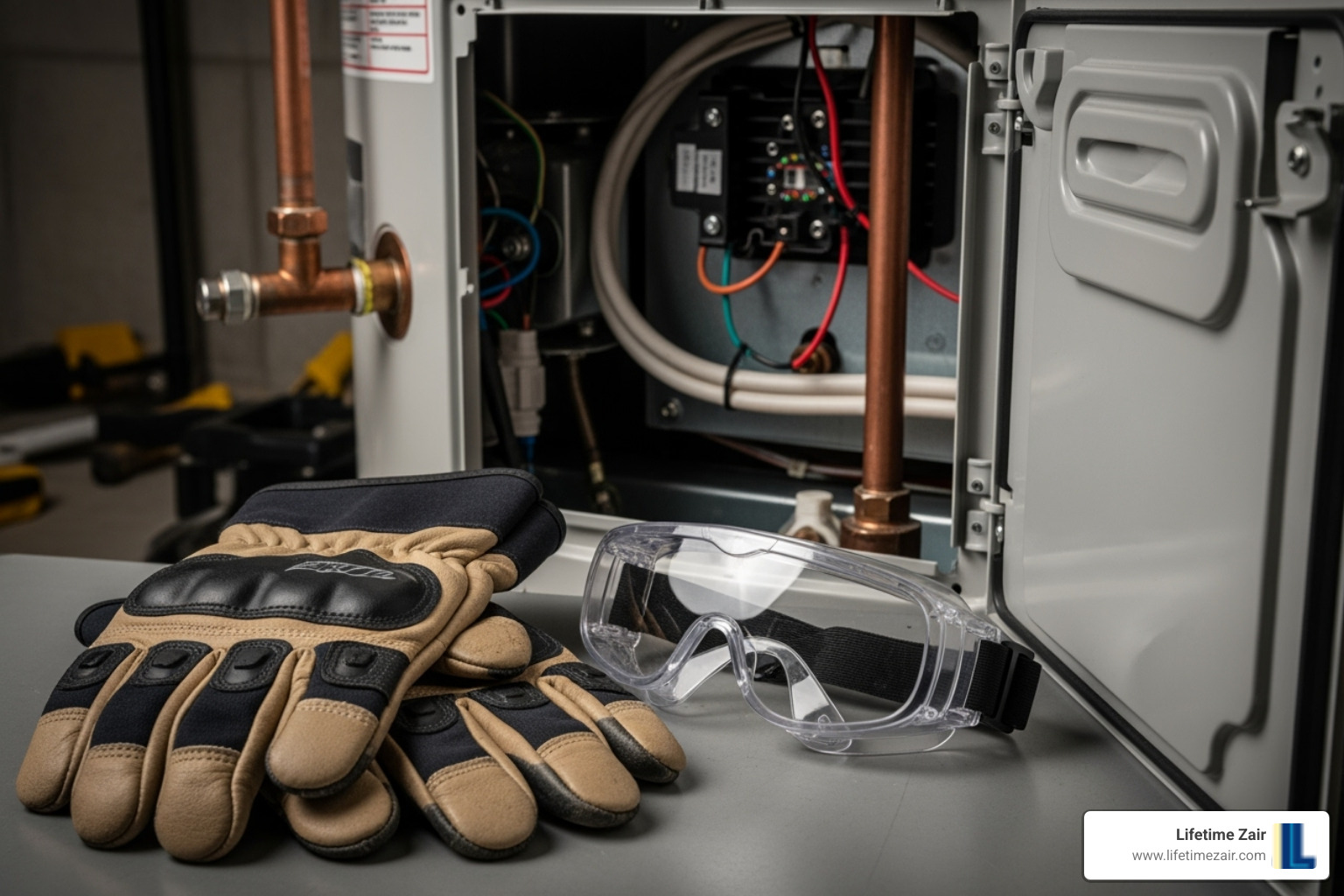 safety gear (gloves, goggles) next to a water heater's access panel - electric water heater repair dallas safety gear (gloves, goggles) next to a water heater's access panel - electric water heater repair dallas