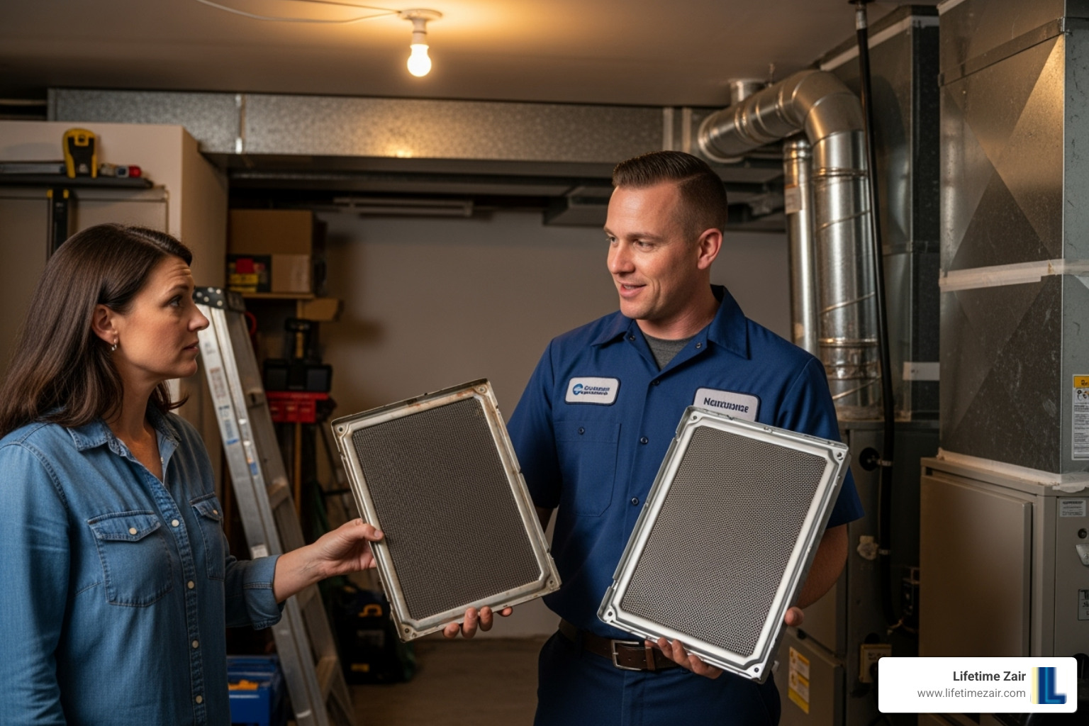 technician showing old and new furnace part - furnace repair frisco tx