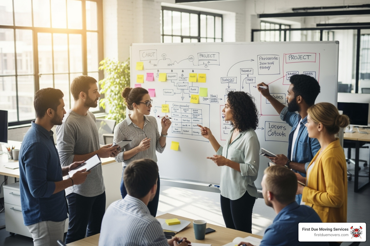 project team planning around a whiteboard - Data center relocation project team planning around a whiteboard - Data center relocation