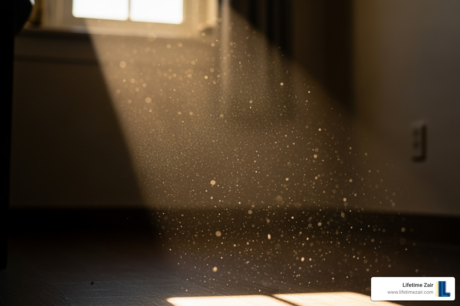 Dust particles floating in a sunbeam inside a home, illustrating the presence of indoor air pollutants. - Carrollton heating and cooling