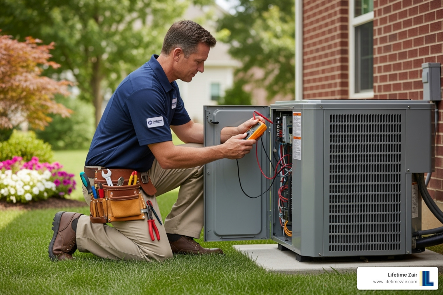 A technician servicing an outdoor air conditioning unit, demonstrating professional HVAC care. - Carrollton heating and cooling