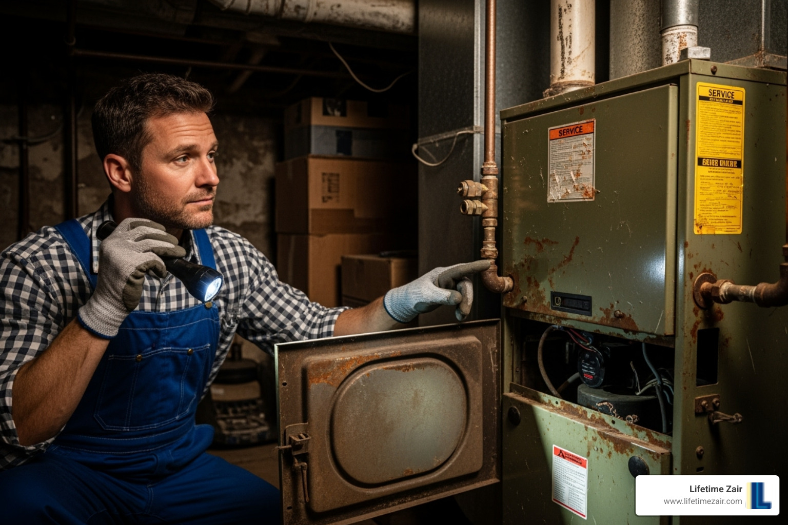 A technician inspecting an older furnace unit, highlighting the importance of understanding HVAC system age and potential for replacement. - Carrollton heating and cooling