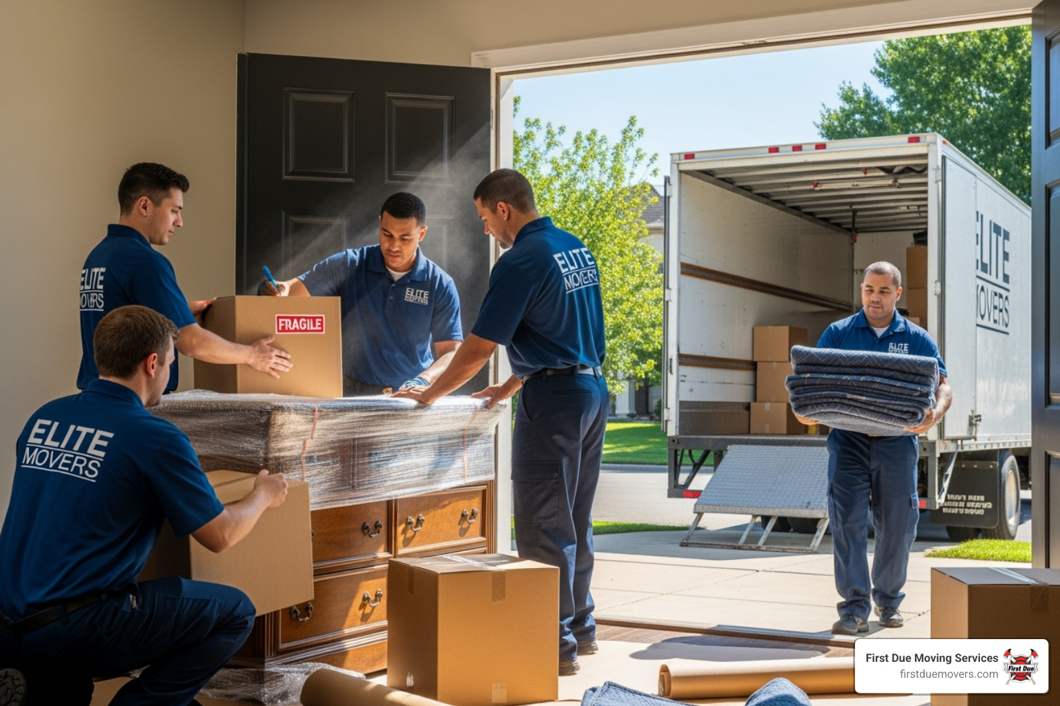 First Due Moving Services team packing boxes, loading a truck, and providing specialty moving services - cross country movers First Due Moving Services team packing boxes, loading a truck, and providing specialty moving services - cross country movers