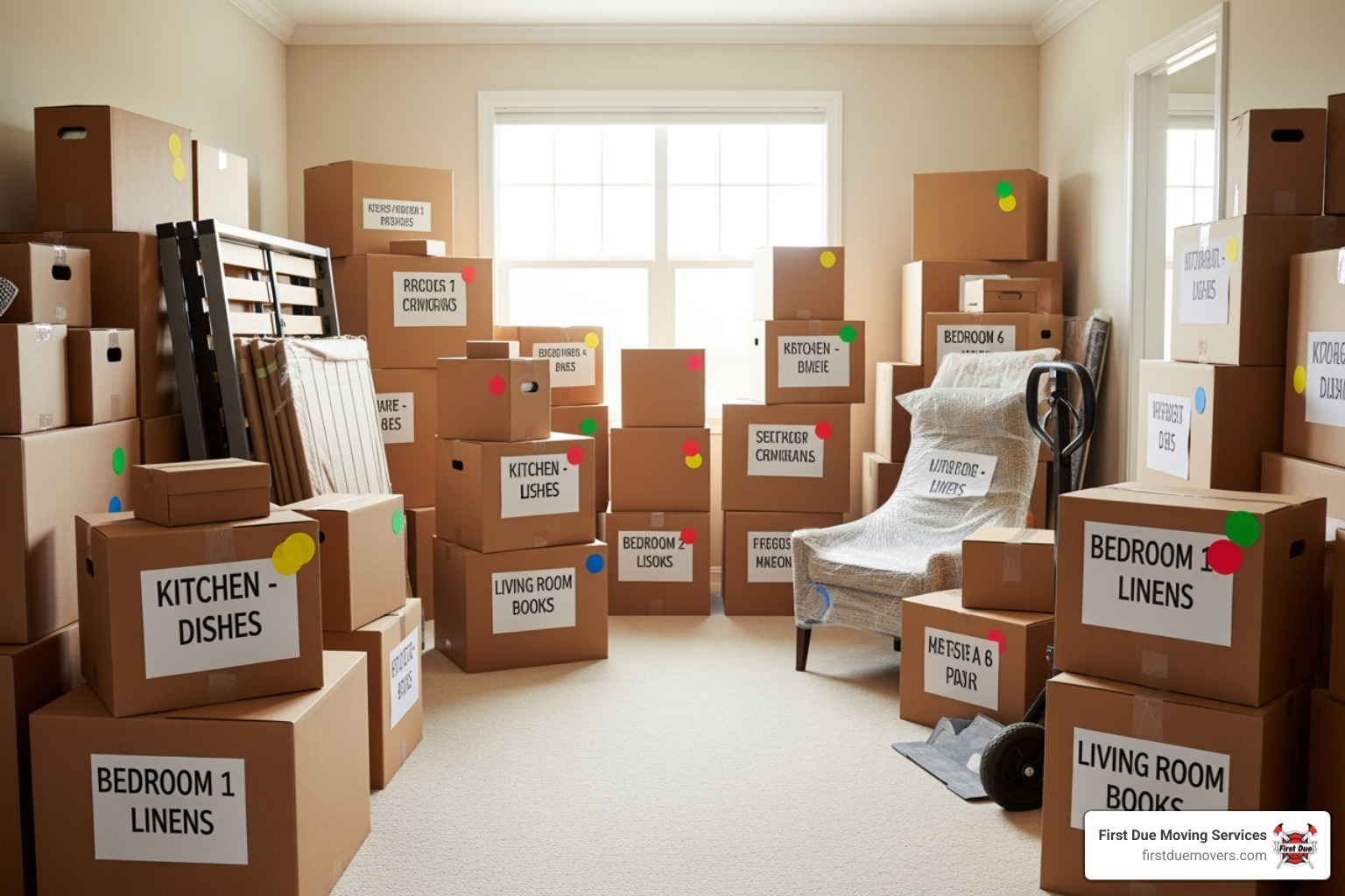 well-organized room with packed and labeled moving boxes - cross country movers well-organized room with packed and labeled moving boxes - cross country movers