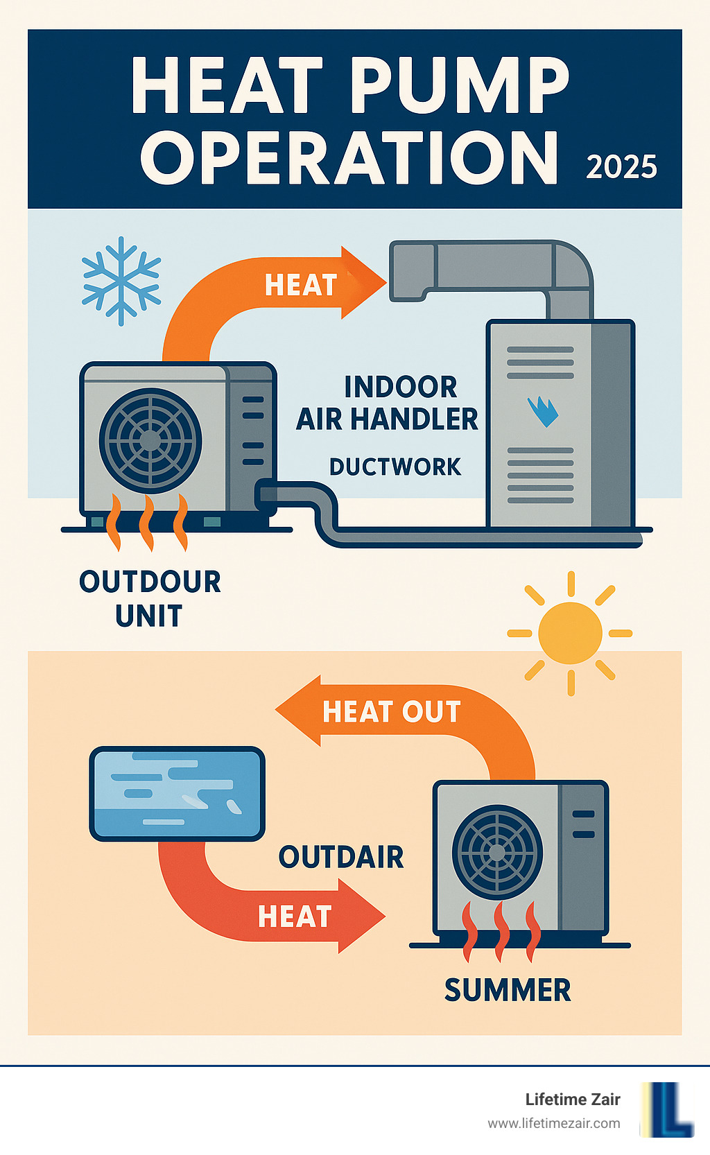 Infographic showing heat pump operation cycle with outdoor unit extracting heat from air in winter and rejecting heat in summer, connected to indoor air handler distributing conditioned air through ductwork, with arrows indicating heat transfer direction and seasonal operation modes - heat pump system replacement infographic 