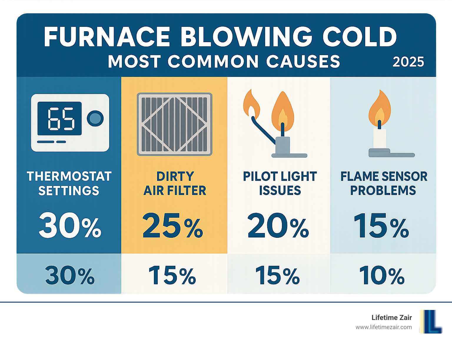 Infographic showing the 5 most common causes of a furnace blowing cold air: thermostat settings at 30%, dirty air filter at 25%, pilot light issues at 20%, flame sensor problems at 15%, and gas supply issues at 10% - Furnace blowing cold infographic 
