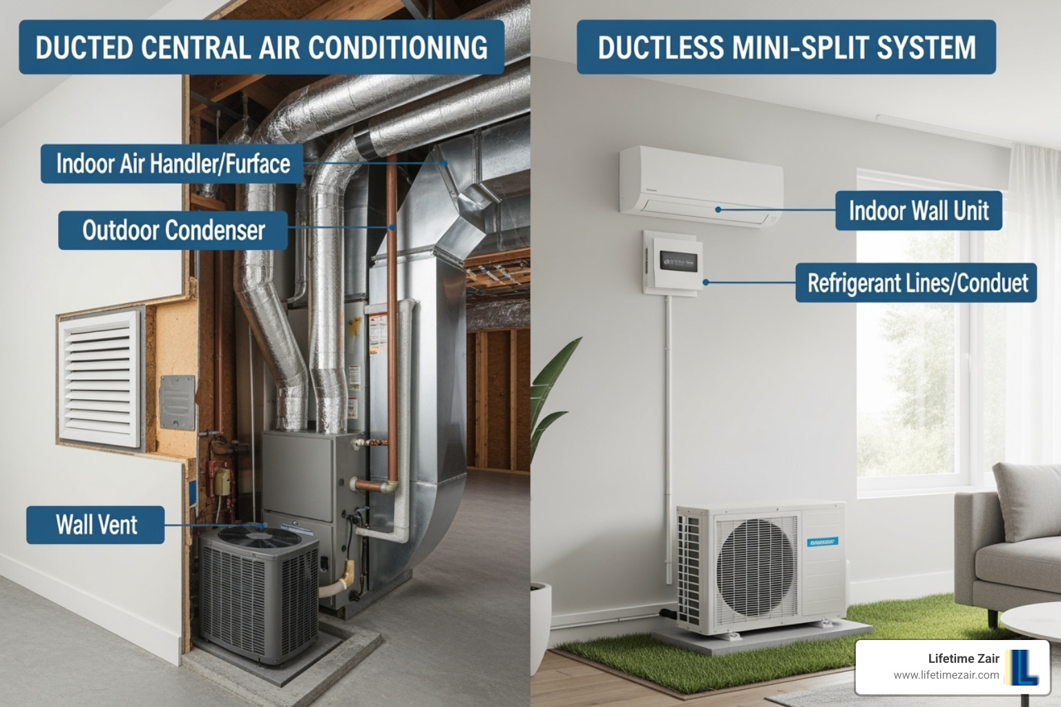 Image showing the difference between a ducted system and a ductless mini-split system - heat pump system replacement