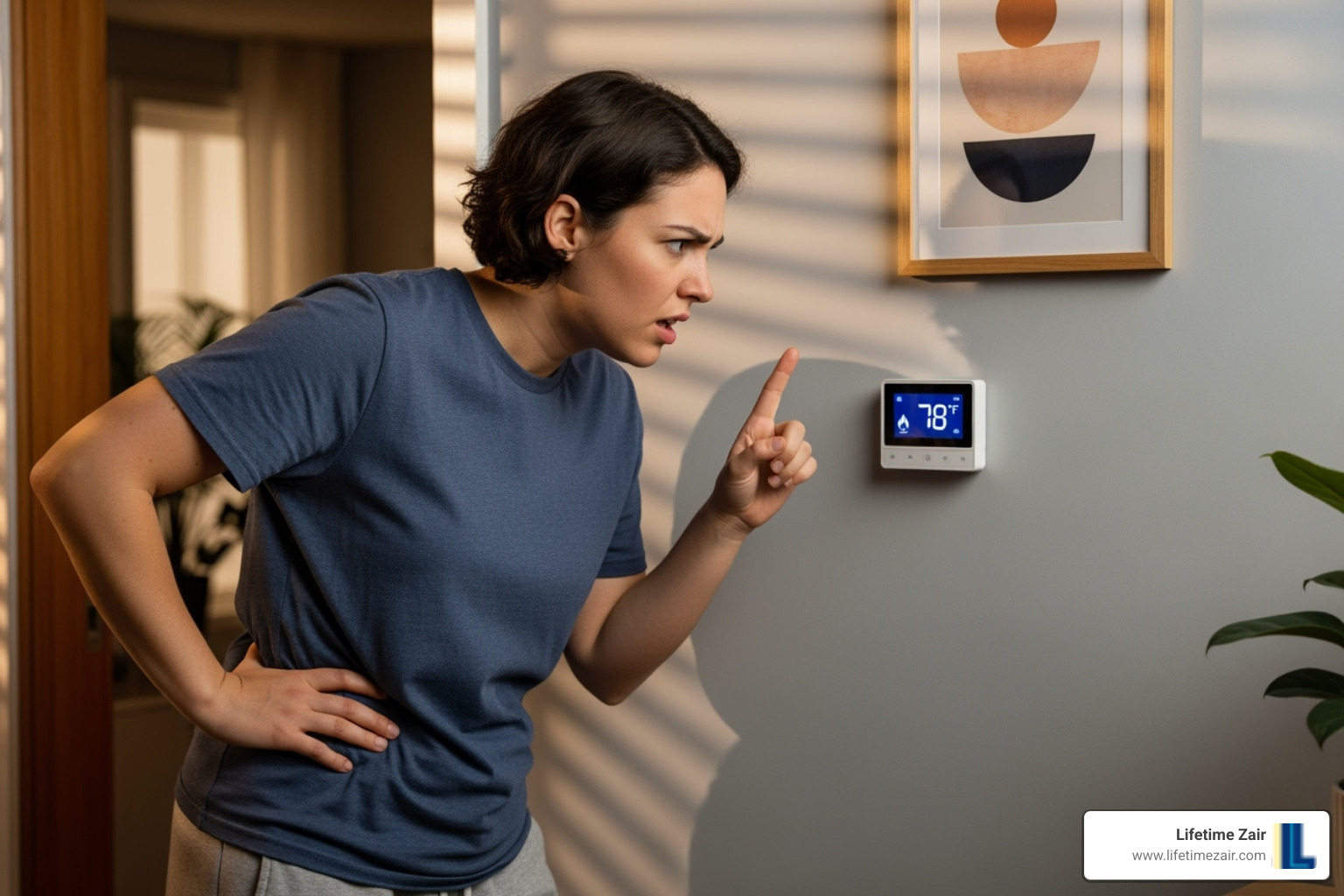 Homeowner looking uncomfortably at their thermostat - heat pump system replacement