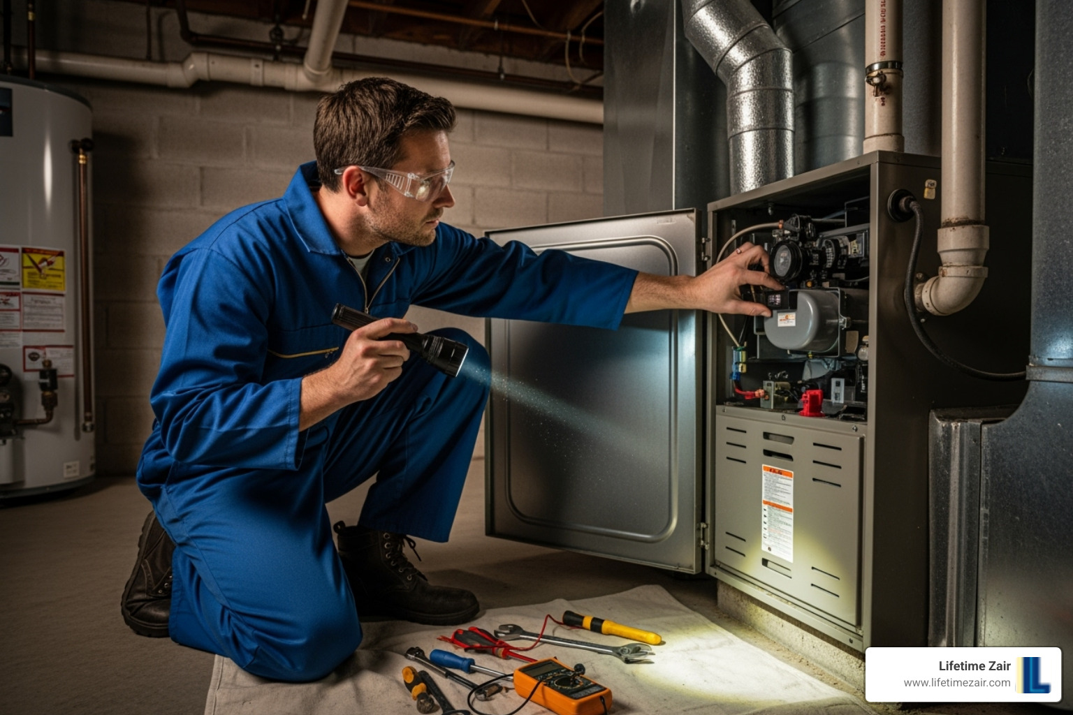 a professional HVAC technician performing furnace maintenance - Furnace blowing cold