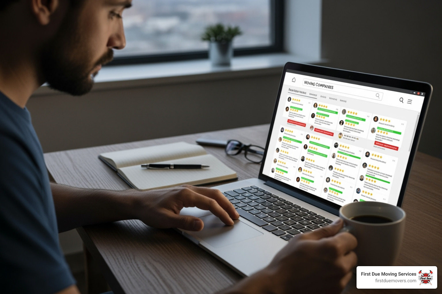 person reading online reviews for moving companies on a laptop - bellevue movers