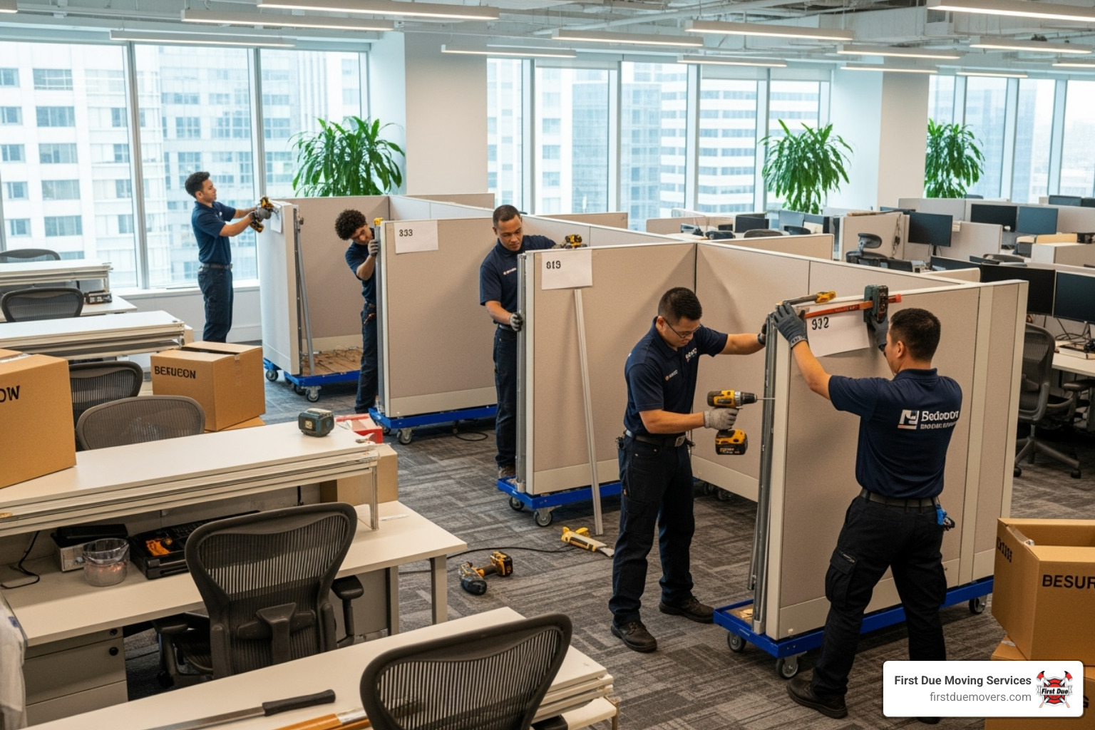 movers disassembling office cubicles systematically - office movers Renton movers disassembling office cubicles systematically - office movers Renton