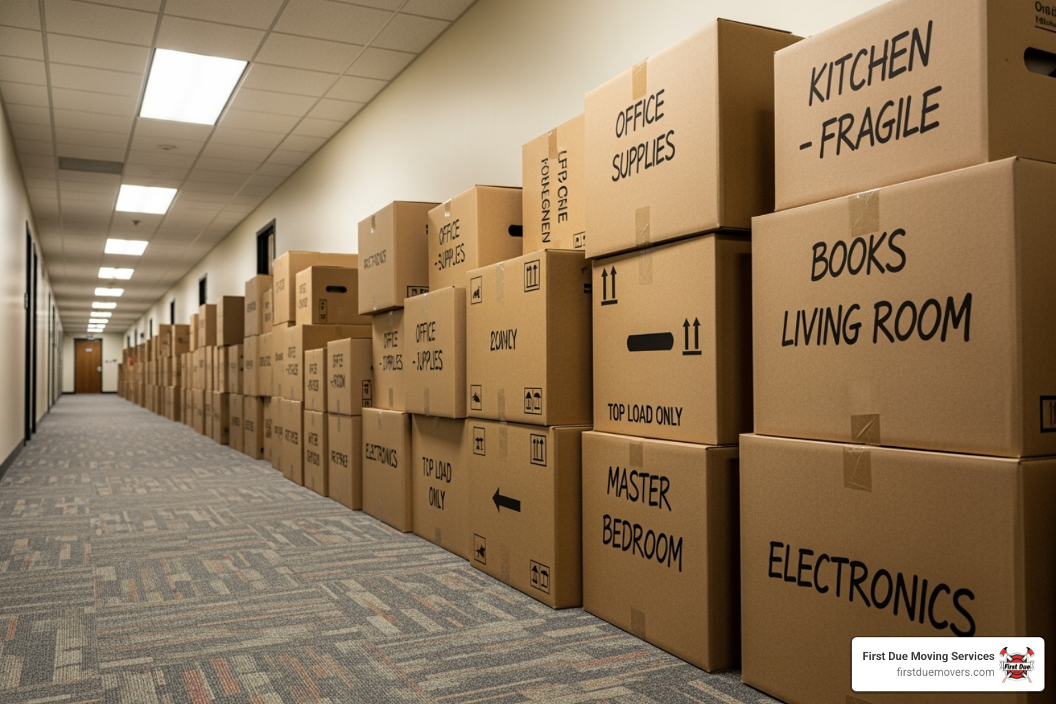 neatly stacked and clearly labeled moving boxes in an office hallway - office movers Renton neatly stacked and clearly labeled moving boxes in an office hallway - office movers Renton