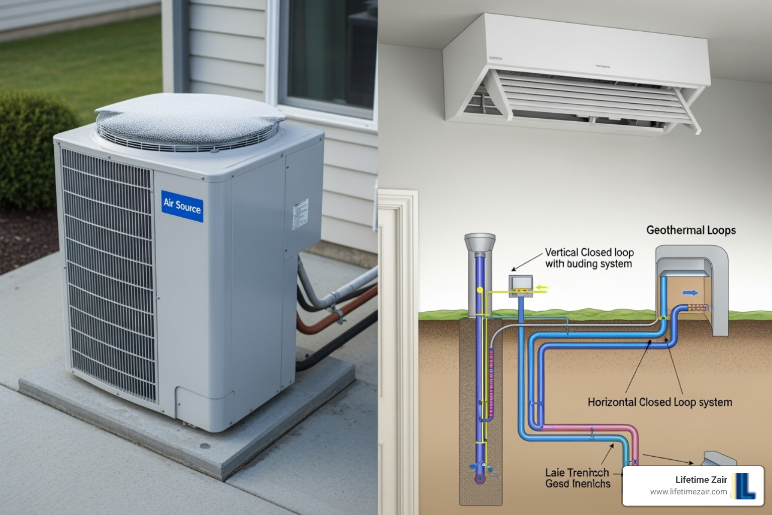 showing the three main types of heat pumps: a central air-source unit, a ductless mini-split head, and a geothermal loop diagram - Affordable heat pump installation