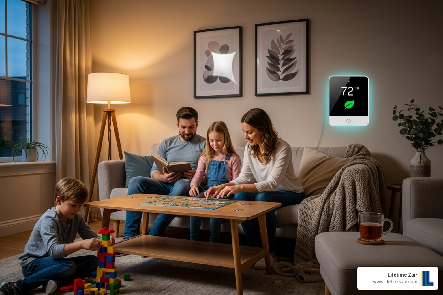 of a family enjoying their comfortable living room, with a smart thermostat visible on the wall - Affordable heat pump installation