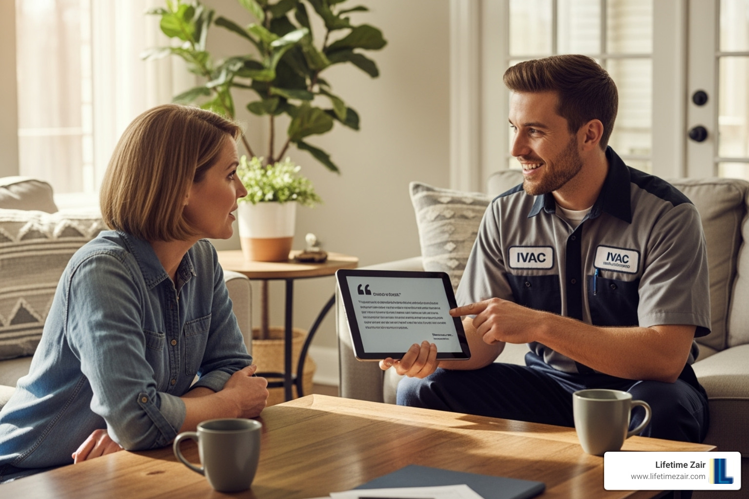 of a homeowner reviewing a quote with a friendly HVAC technician - Affordable heat pump installation