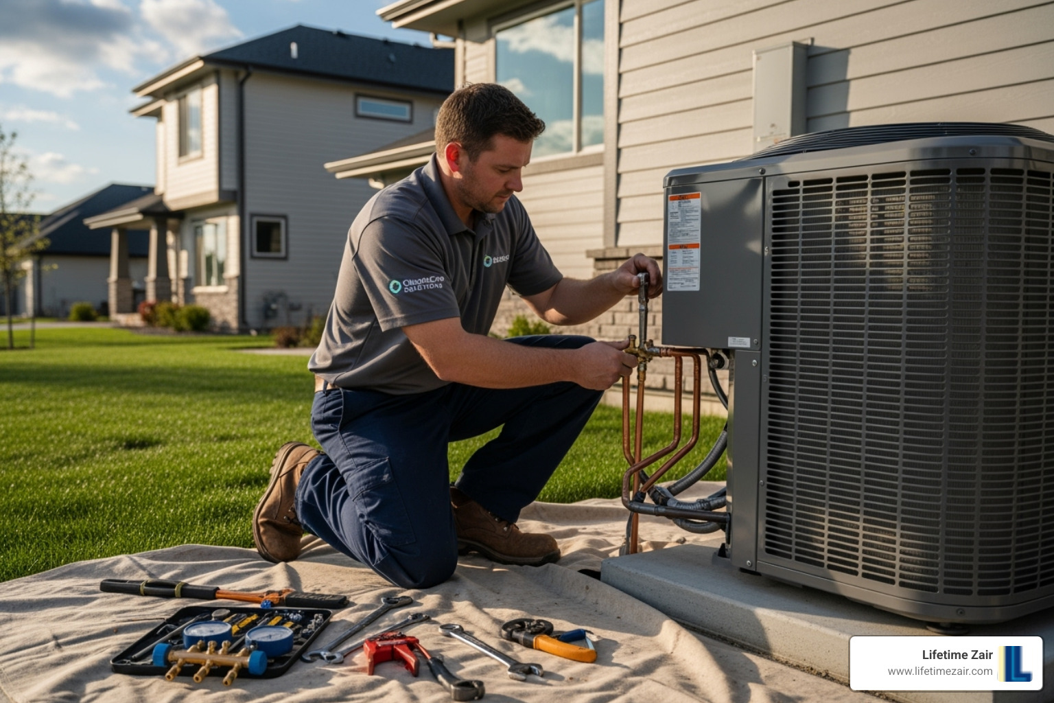 Qualified HVAC technician installing an outdoor heat pump unit - heat pump system replacement