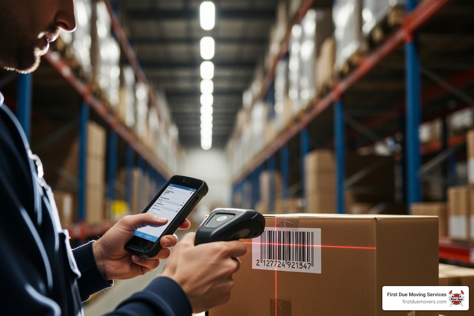 A person using a mobile device with inventory software in a warehouse setting, scanning a barcode on a box - Inventory management services