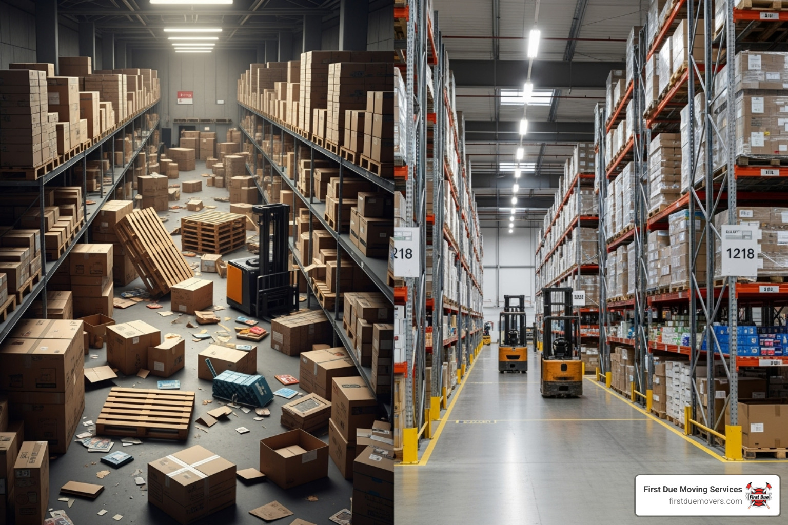A cluttered warehouse versus an organized warehouse, showing the stark difference in efficiency and space utilization - Inventory management services