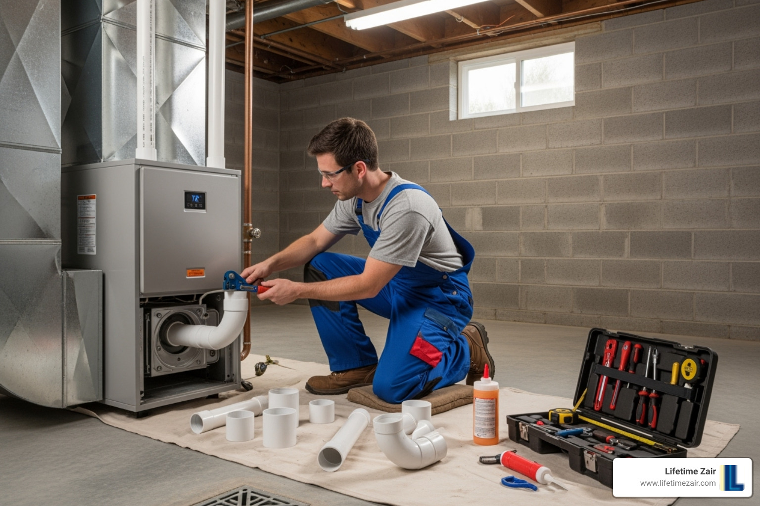 technician carefully connecting PVC vent pipes to a new high-efficiency furnace - furnace install
