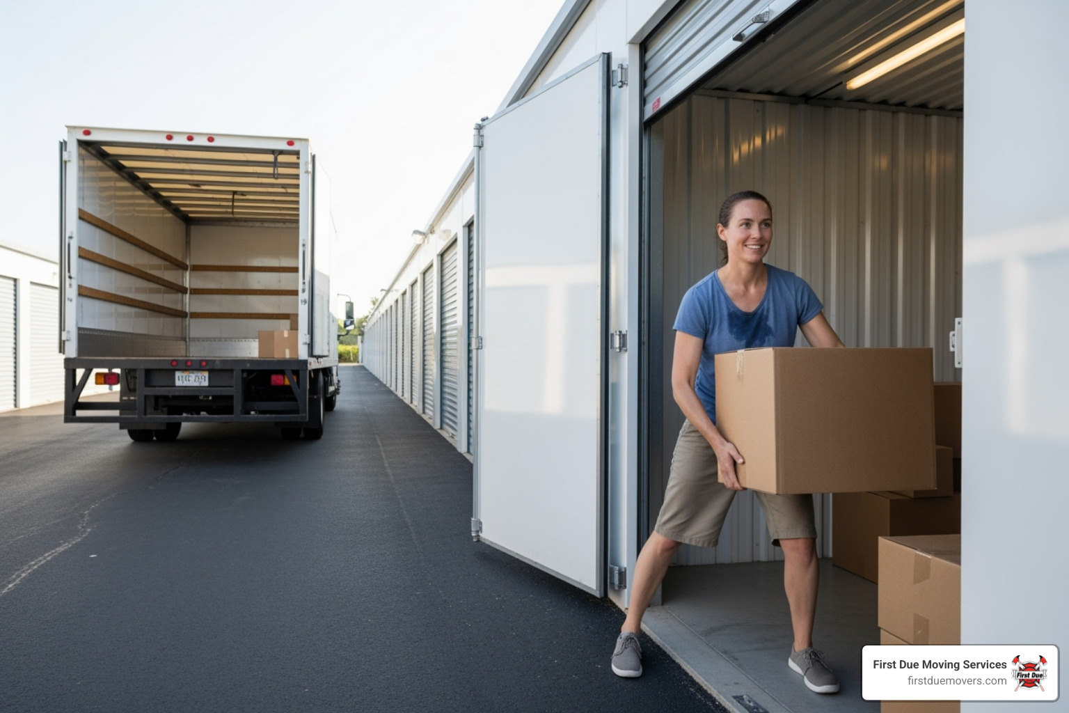 person successfully moving items into a storage unit with a moving truck in the background - mini storage Seattle person successfully moving items into a storage unit with a moving truck in the background - mini storage Seattle