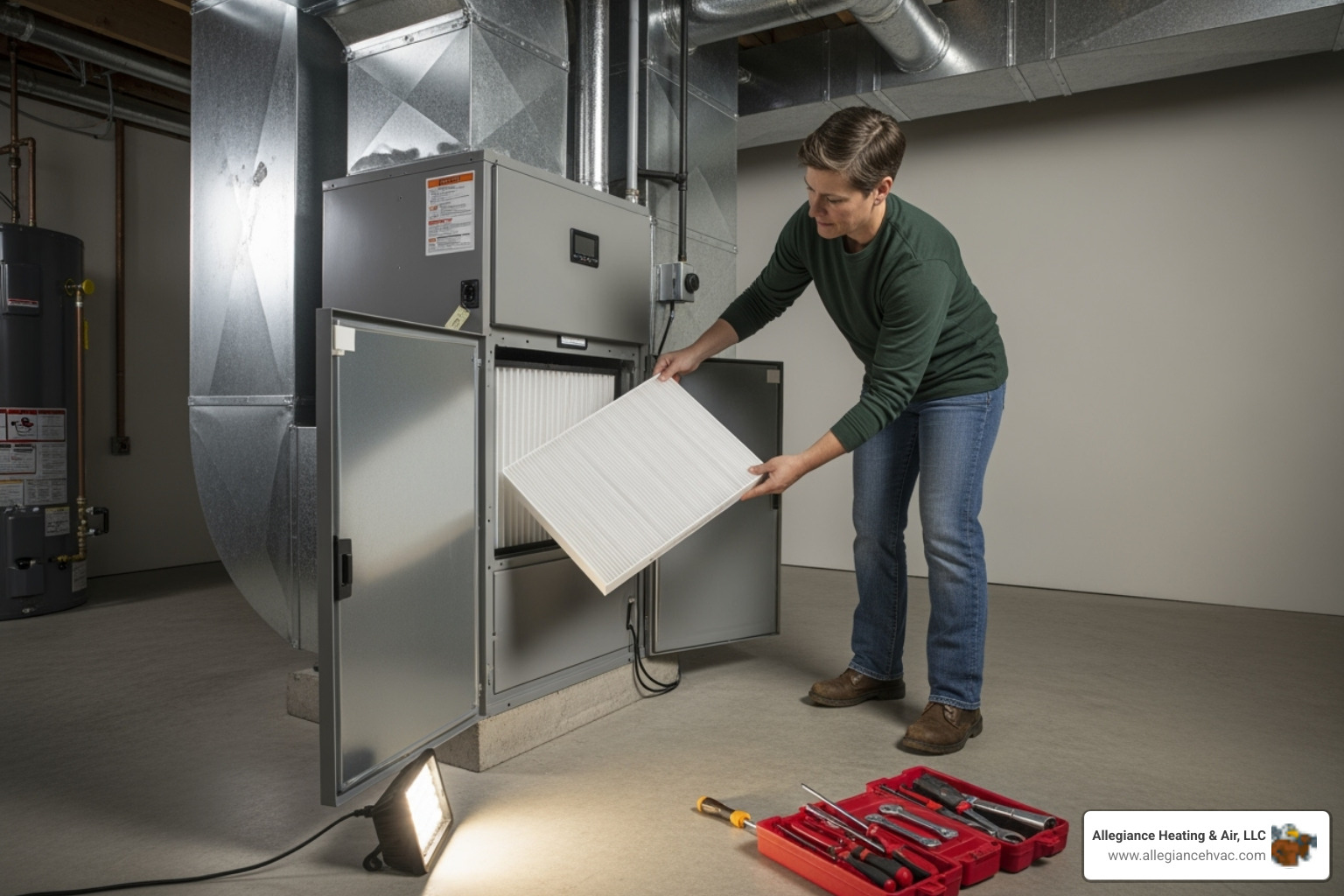 of a homeowner changing an air filter - ac repair la grange