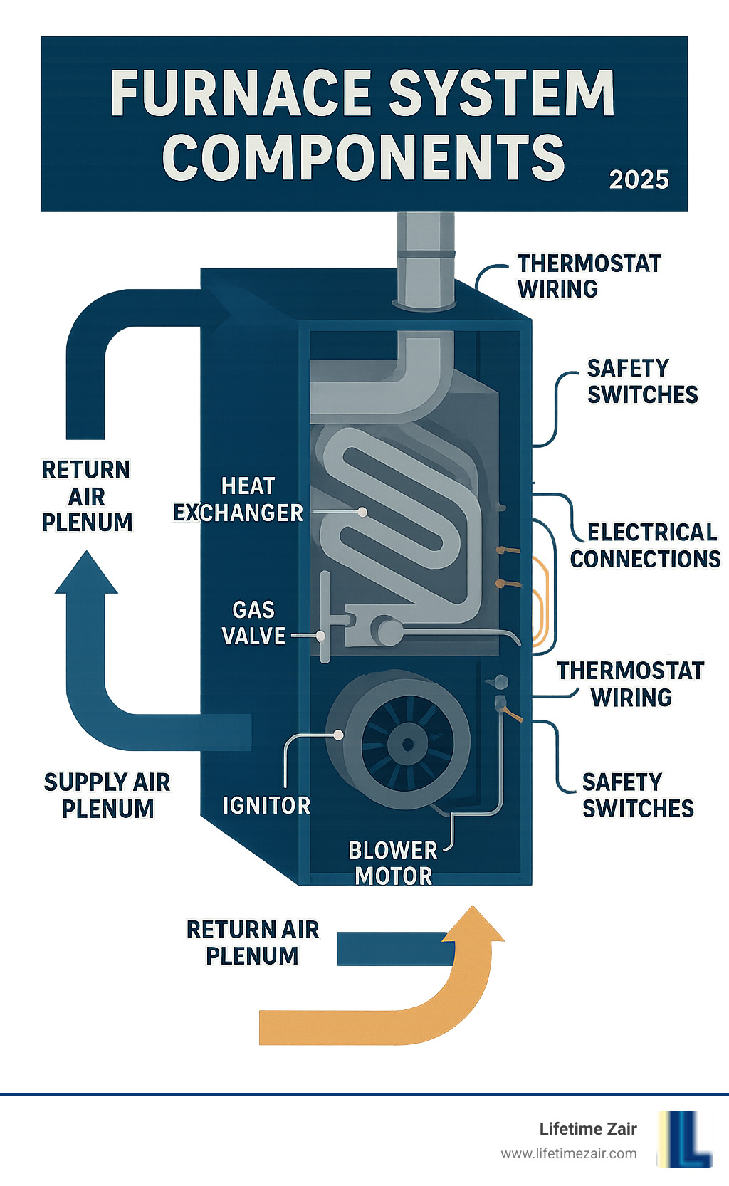 Detailed furnace system components breakdown showing heat exchanger, blower motor, gas valve, ignitor, flue exhaust system, return air plenum, supply air plenum, electrical connections, thermostat wiring, and safety switches with labels and flow arrows indicating air circulation patterns - furnace install infographic 