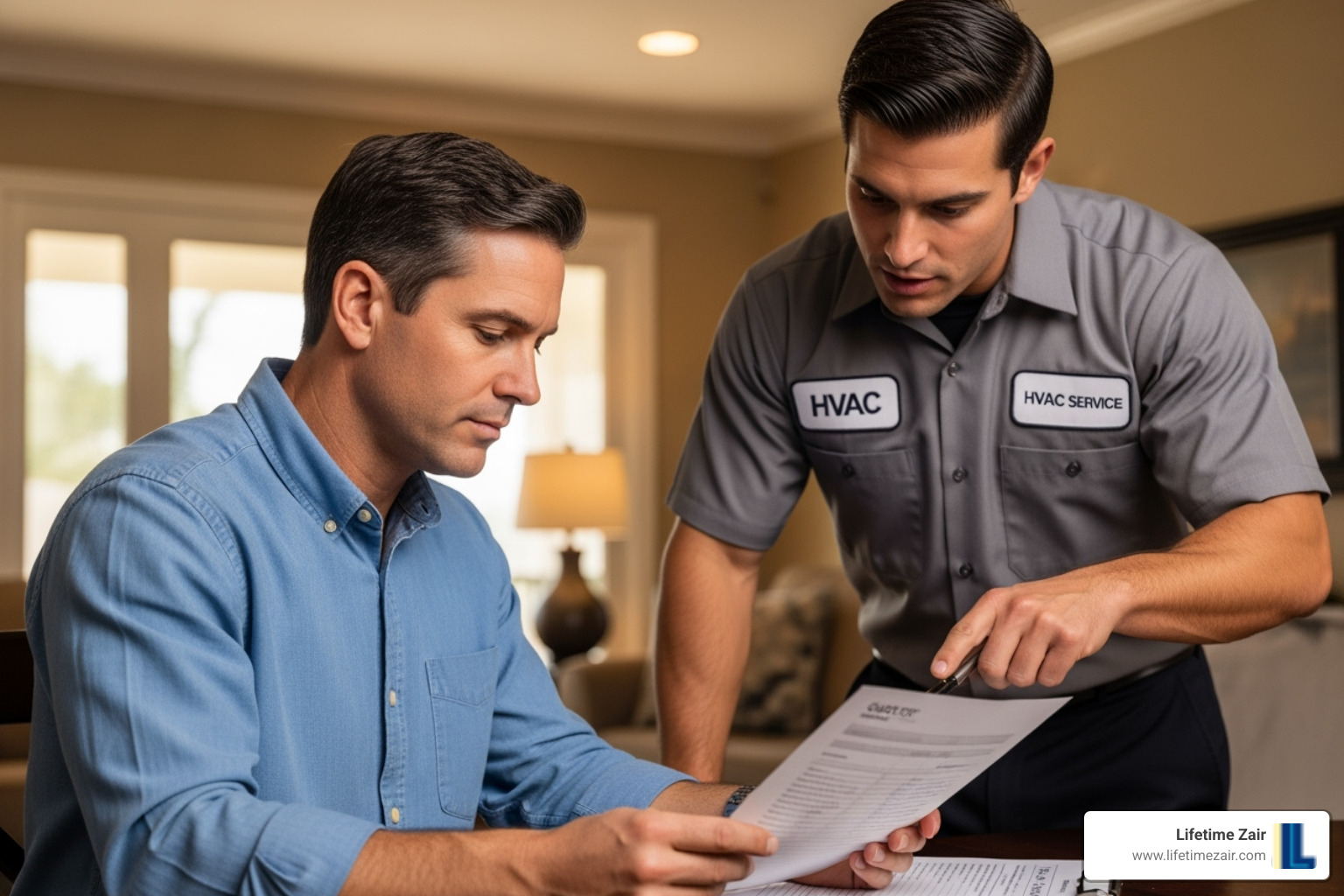 Homeowner reviewing a written quote with a technician - cheapest way to replace hvac system in farmers branch tx